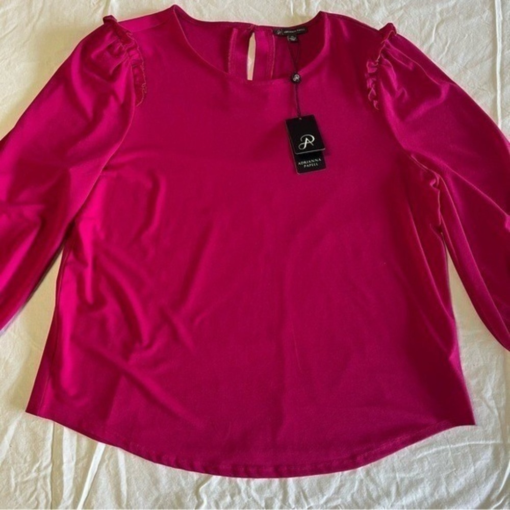 NEW Adrianna Papell Ruffle Arm Hole Magenta Top Womens Shirt Pink XL 3/4 Sleeve